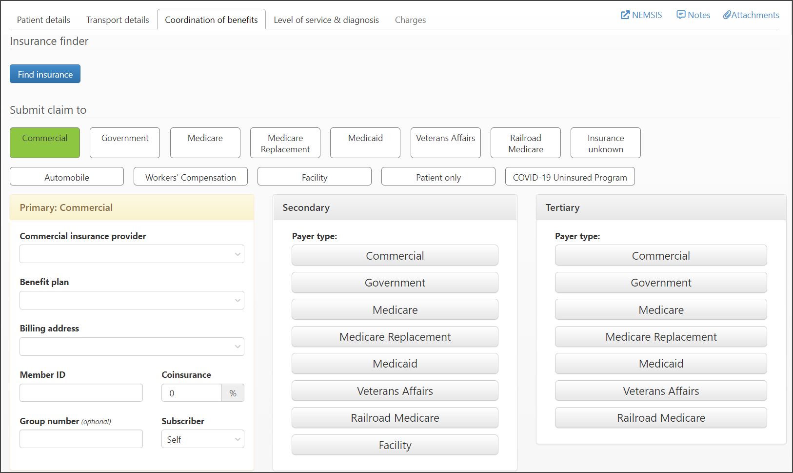 Insurance discovery results displays at the top of the COB tab.